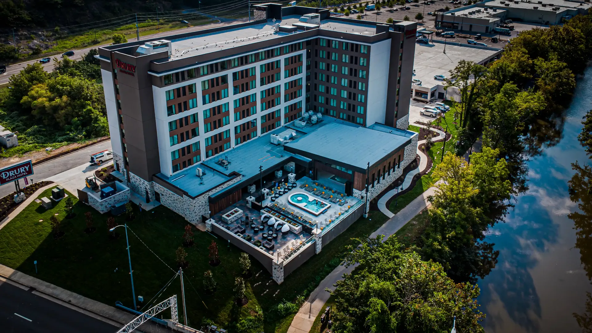 Aerial drone shot of a luxury pool in a Gatlinburg hotel